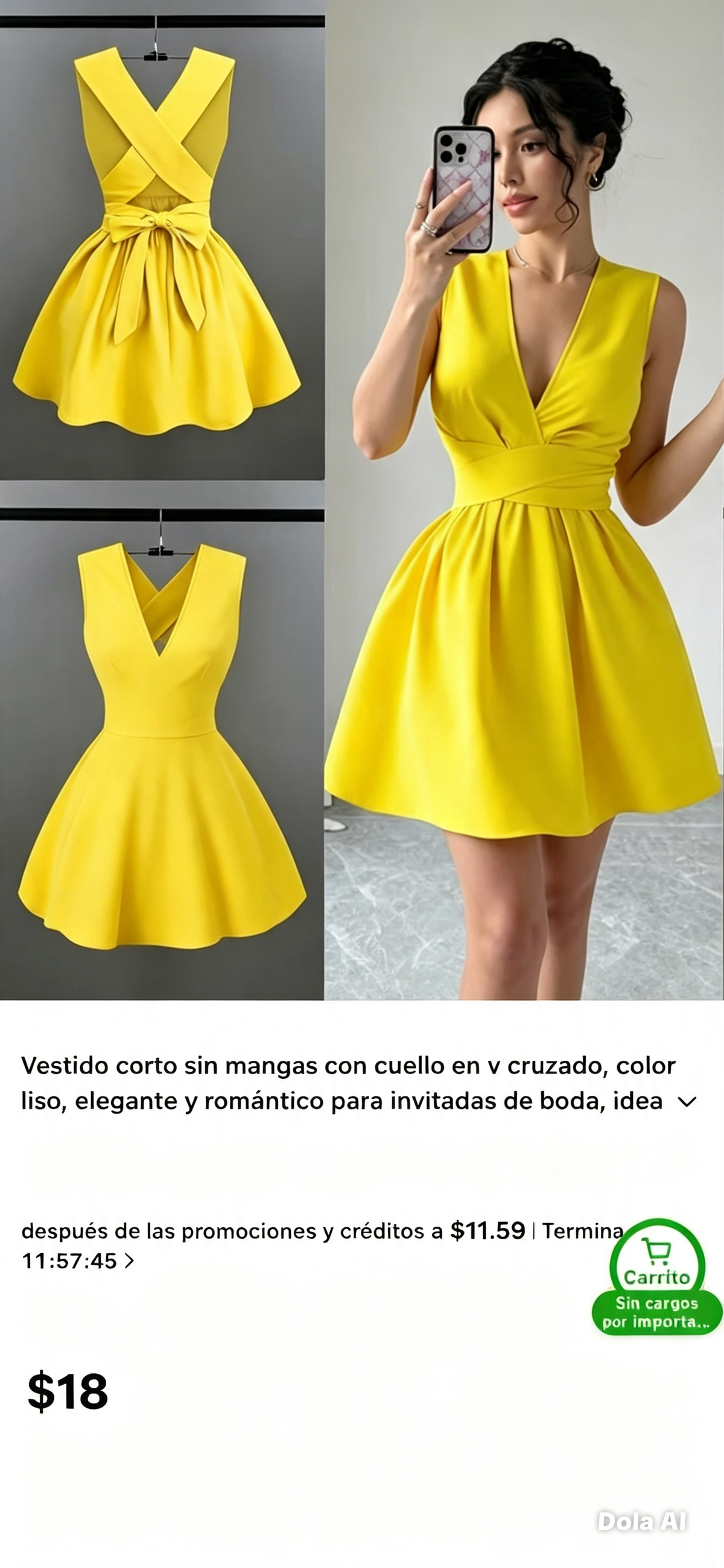 Vestido corto sin cuello V, cruzado, color liso,